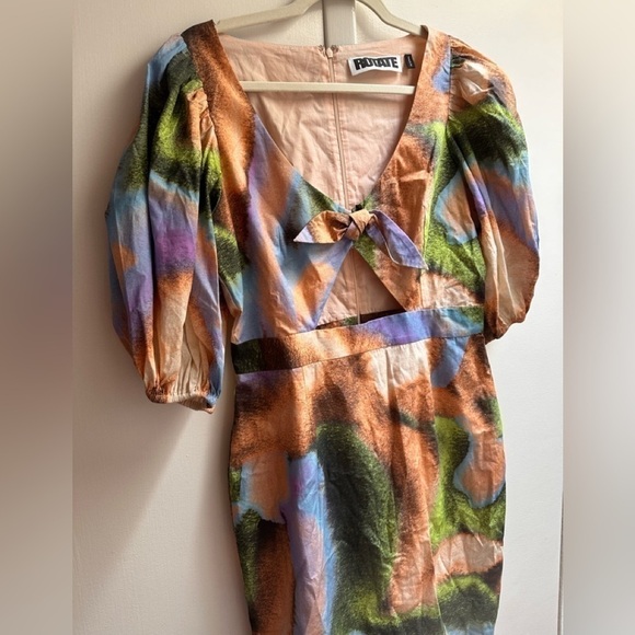ROTATE Cara Watercolor Print Cutout Puff Sleeve Organic Cotton Dress 8/Medium - Picture 4 of 8